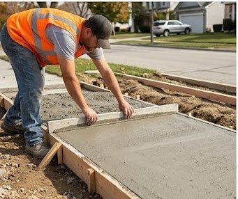 Licensed concrete contractor finishing a residential sidewalk panel replacement