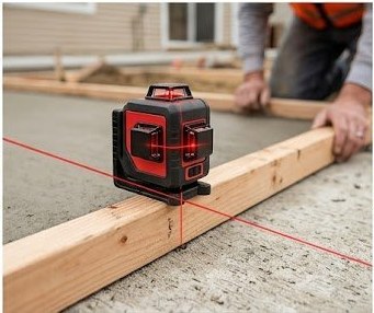 Self-leveling cross-line laser level on a concrete sidewalk form verifying 2 percent ADA cross-slope compliance