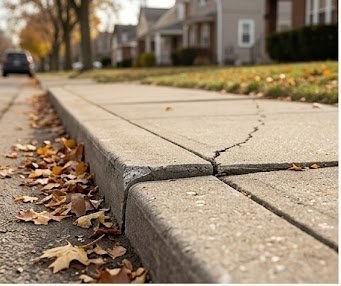 Cracked sidewalk panel with raised edge trip hazard
