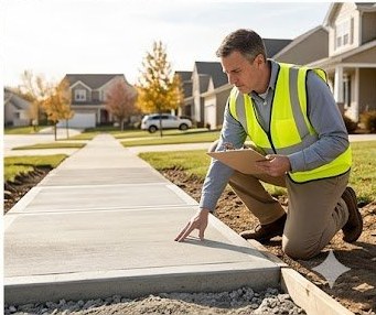 City inspector reviewing a completed sidewalk repair in a residential neighborhood
