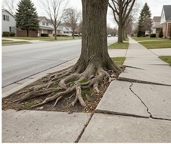 Street tree roots heaving and cracking a residential sidewalk